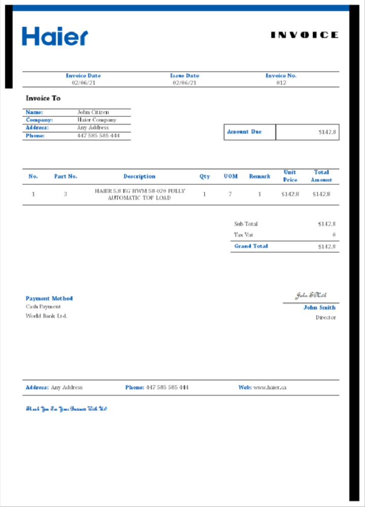 USA Haier invoice PSD template